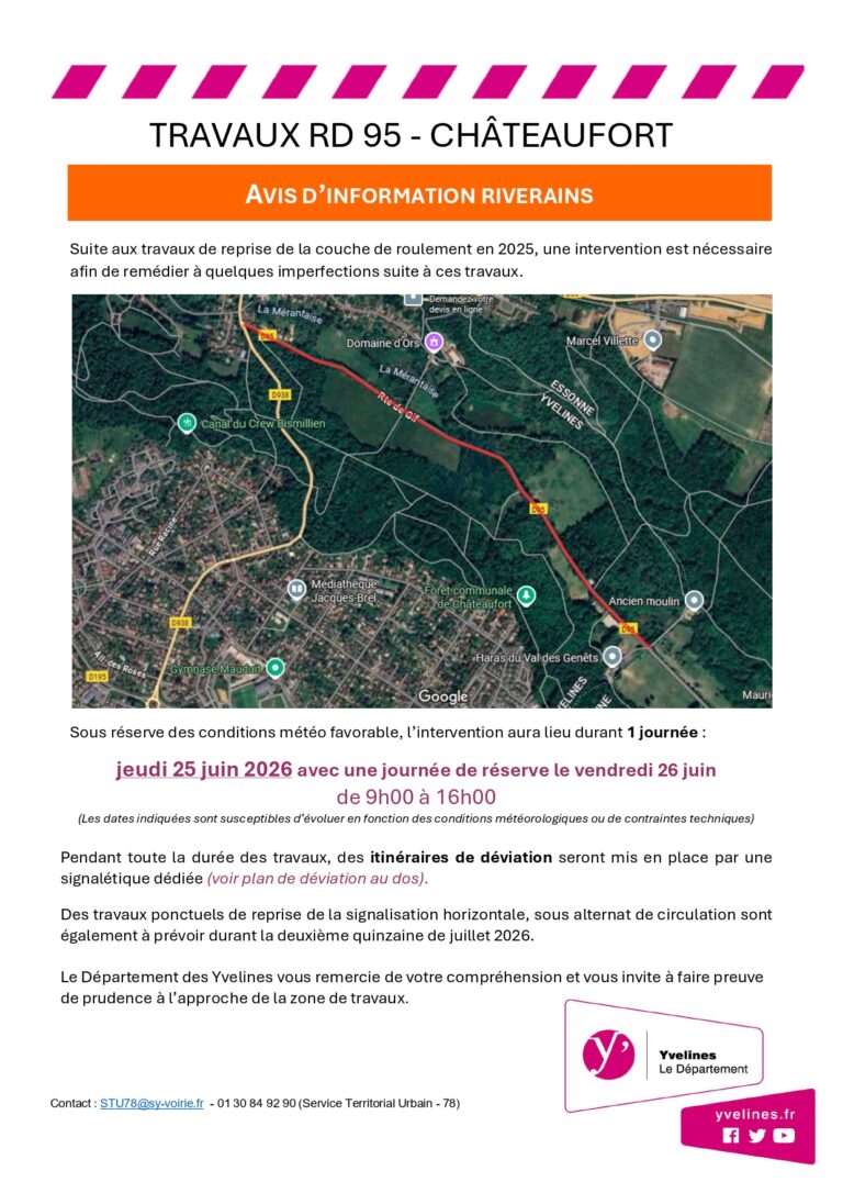 Fermeture de la RD95 (Route de Gif) le 26 juin de 7h à 12h pour travaux