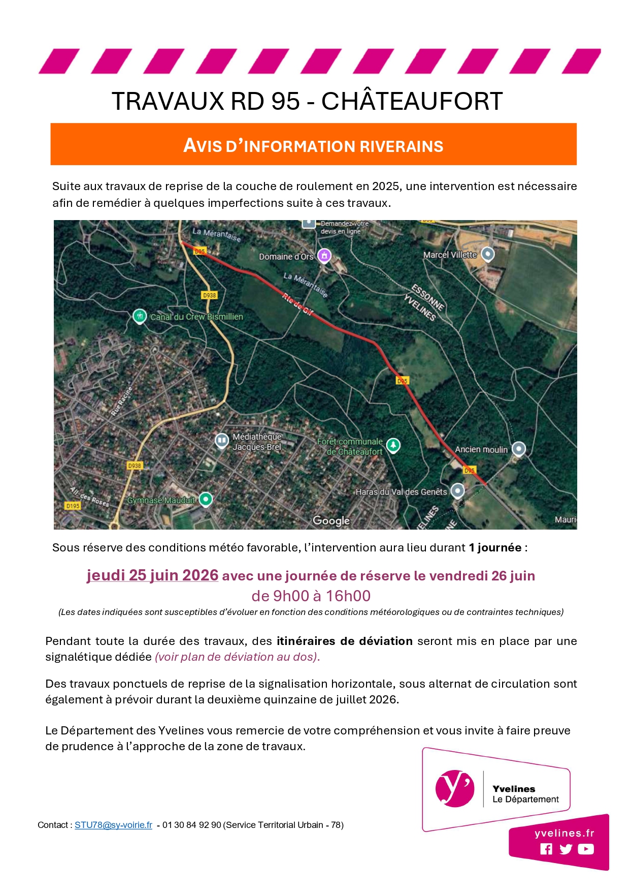 Fermeture de la RD95 (Route de Gif) le 25 juin de 9h à 16h pour travaux