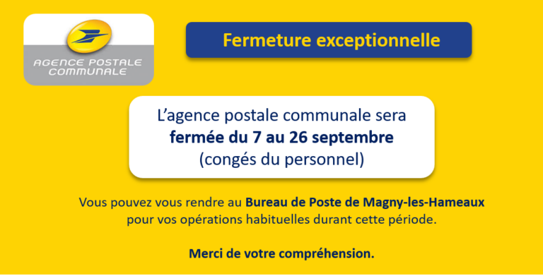 Fermeture de l&rsquo;Agence Postale Communale pour congés annuels